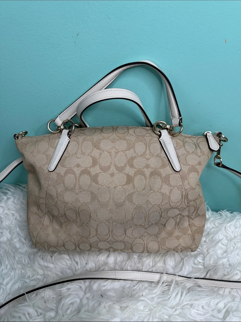 Authentic Coach Beige Canvas Signature Satchel with White Trim